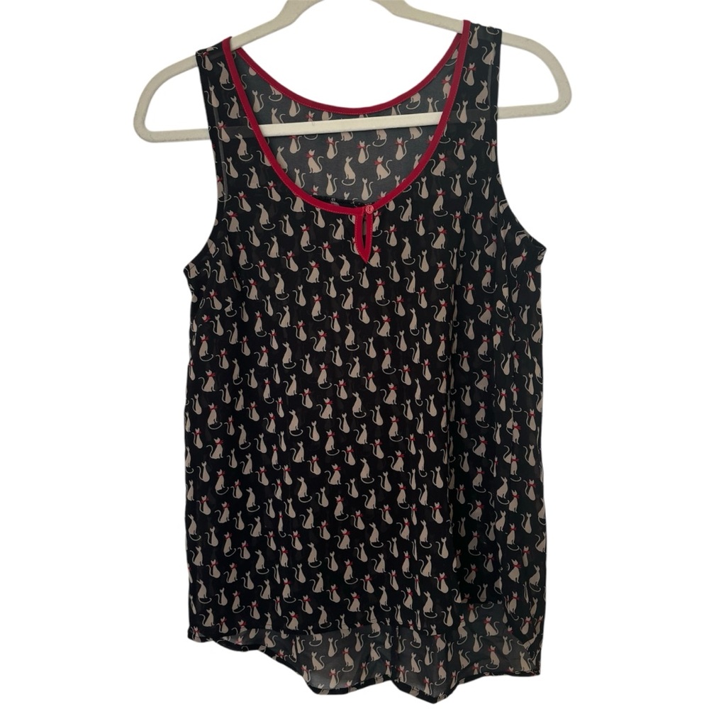 Black w/ White Cats Sheer Sleeveless Blouse Size Medium